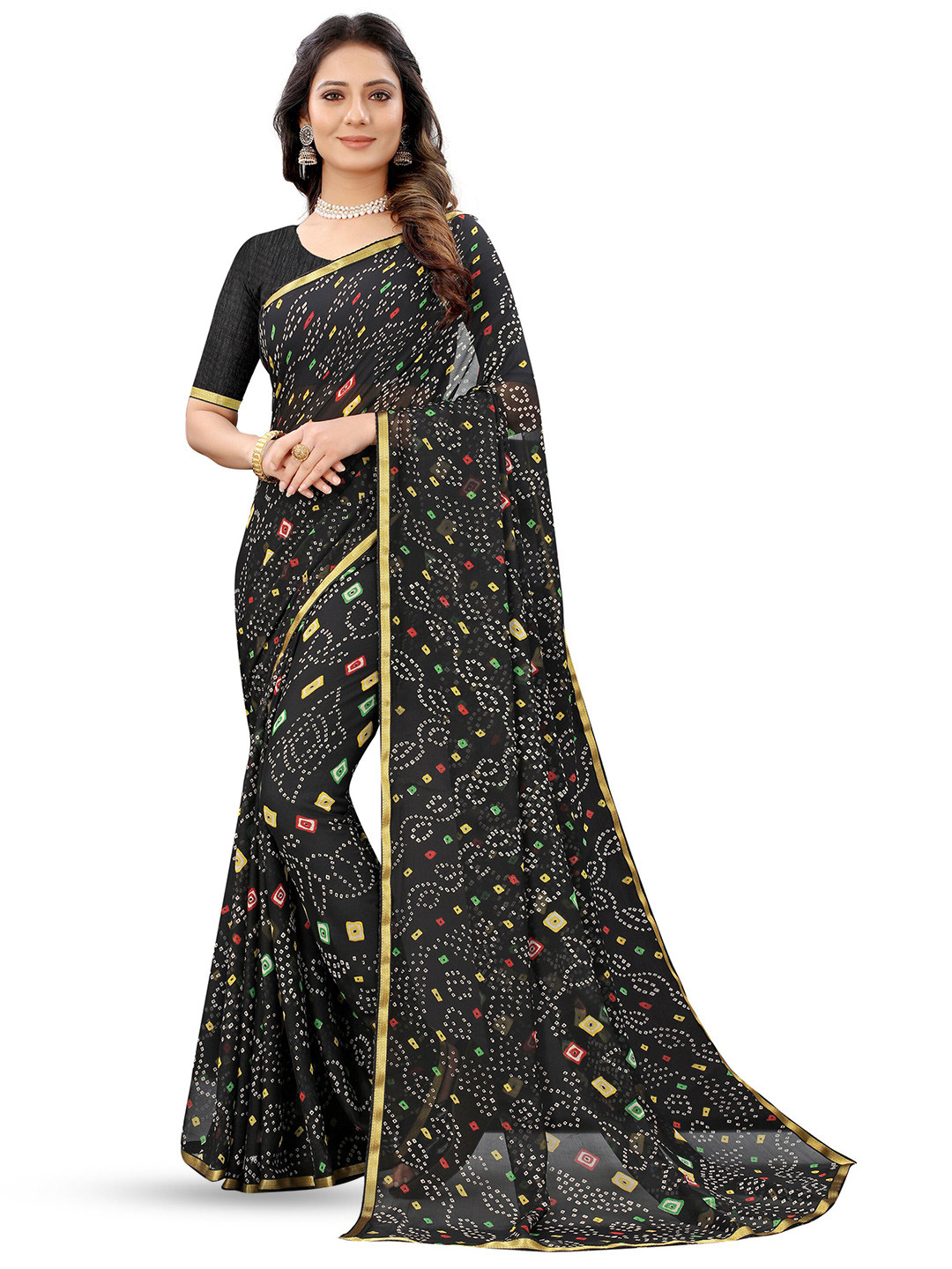 

KALINI Bandhani Pure Chiffon Jamdani Saree, Black