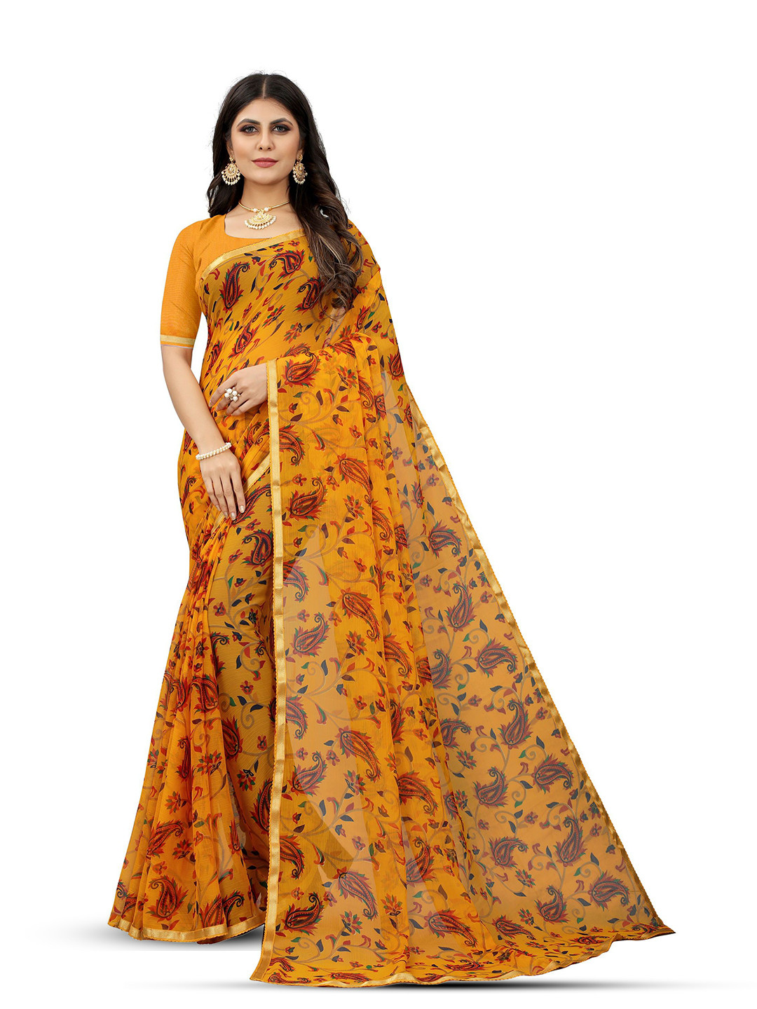 

KALINI Ethnic Motifs Zari Pure Chiffon Saree, Yellow