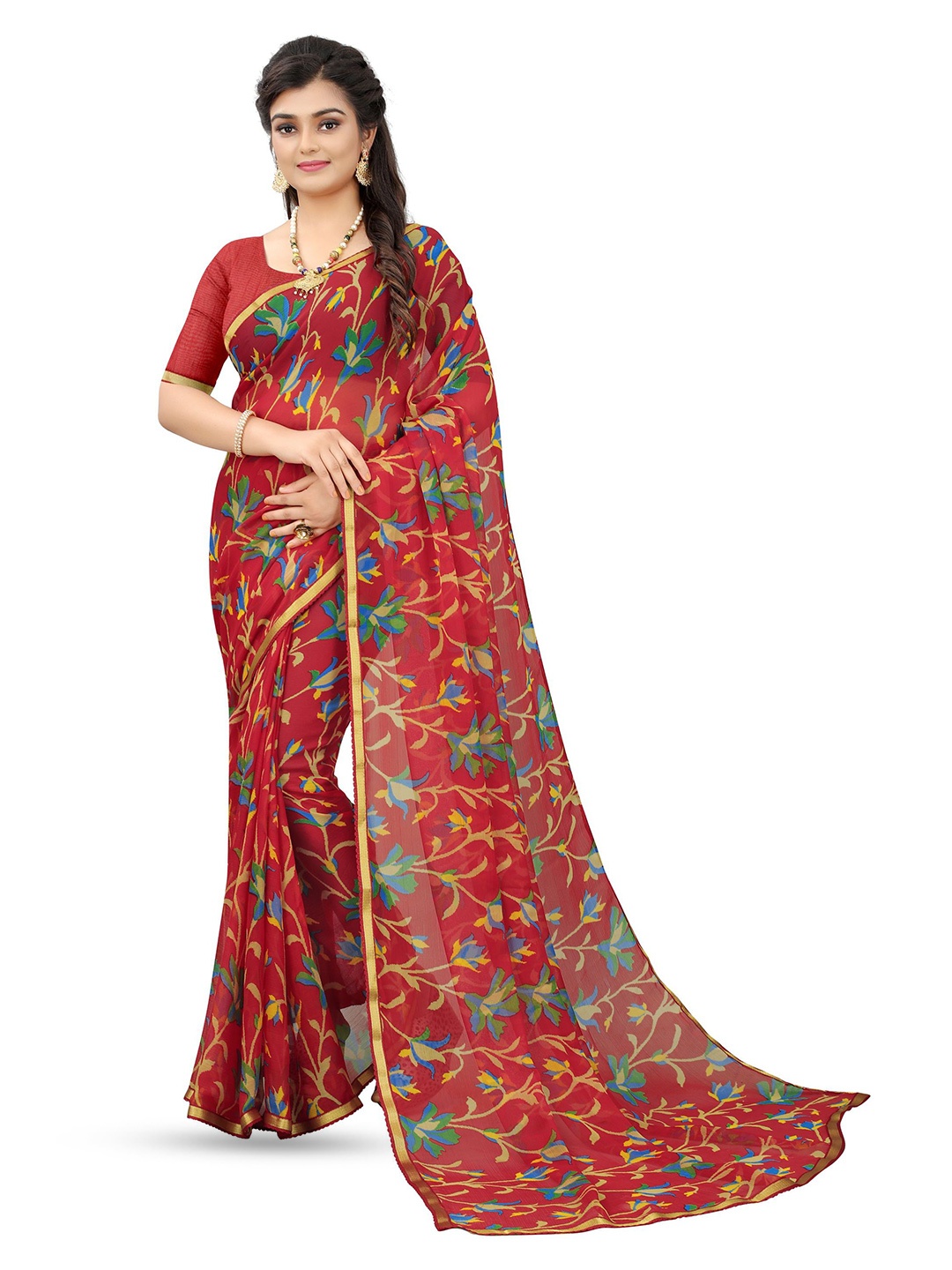 

KALINI Floral Pure Chiffon Jamdani Saree, Red