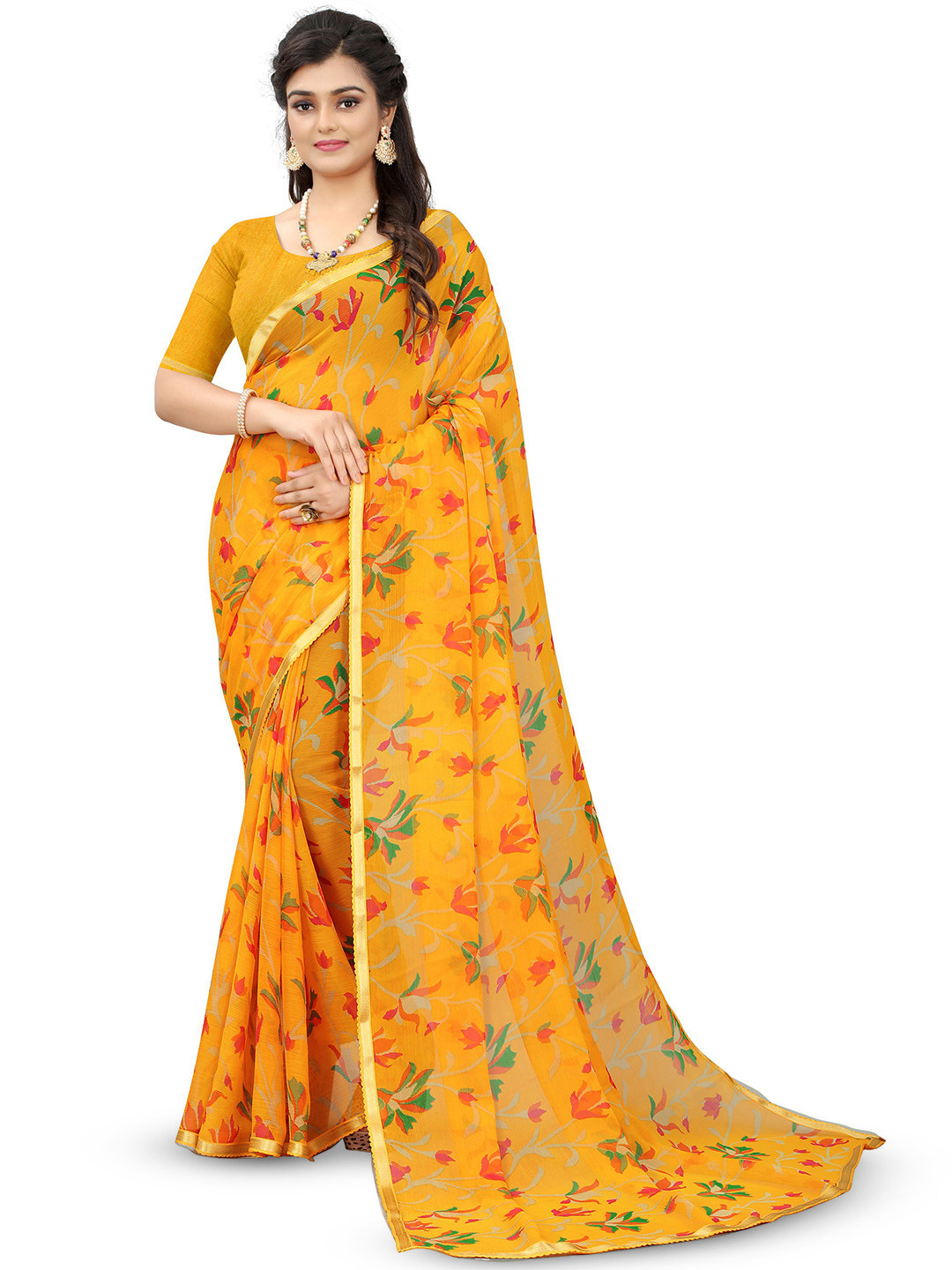 

KALINI Floral Zari Pure Chiffon Saree, Yellow