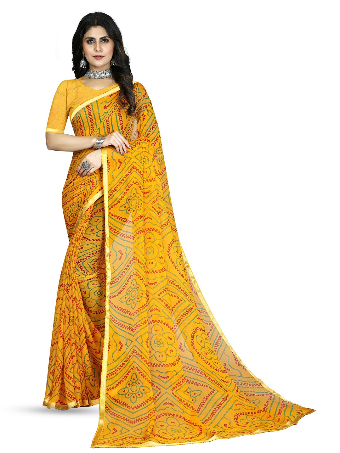 

KALINI Bandhani Zari Pure Chiffon Jamdani Saree, Yellow