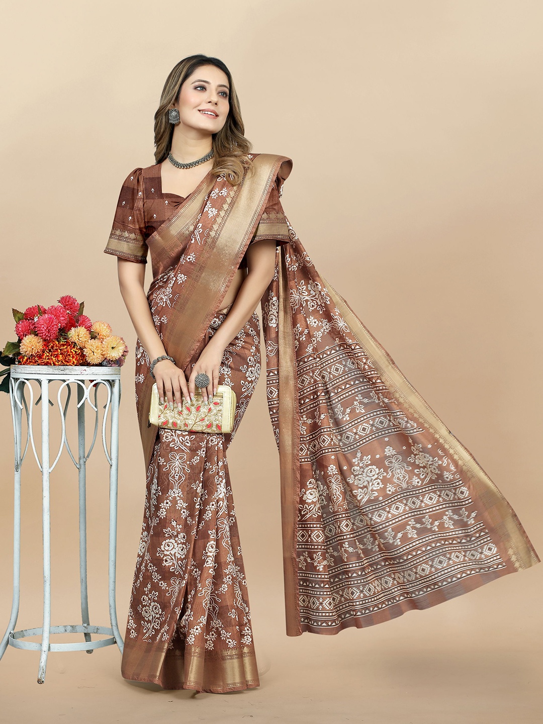 

KALINI Floral Printed Cotton Blend Saree, Brown