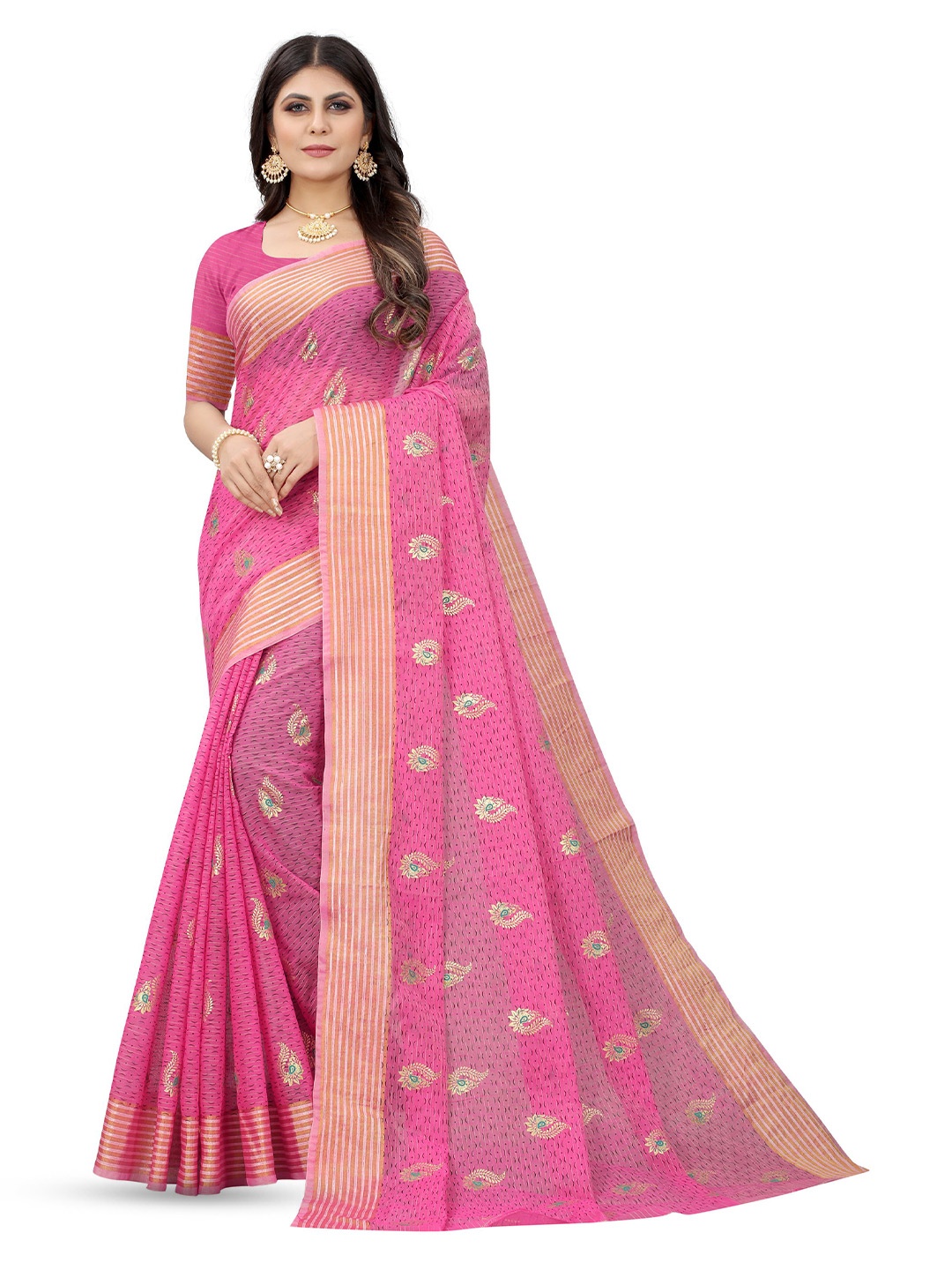 

KALINI Floral Zari Pure Cotton Banarasi Saree, Pink