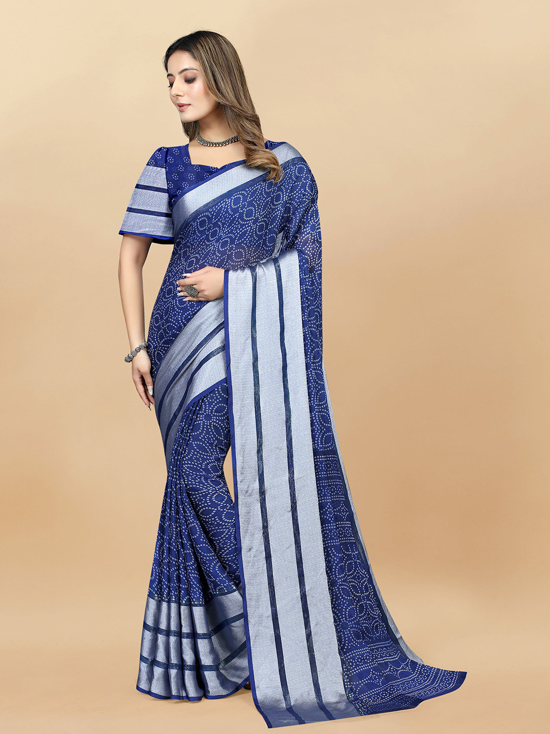 

KALINI Bandhani Pure Chiffon Banarasi Saree, Blue