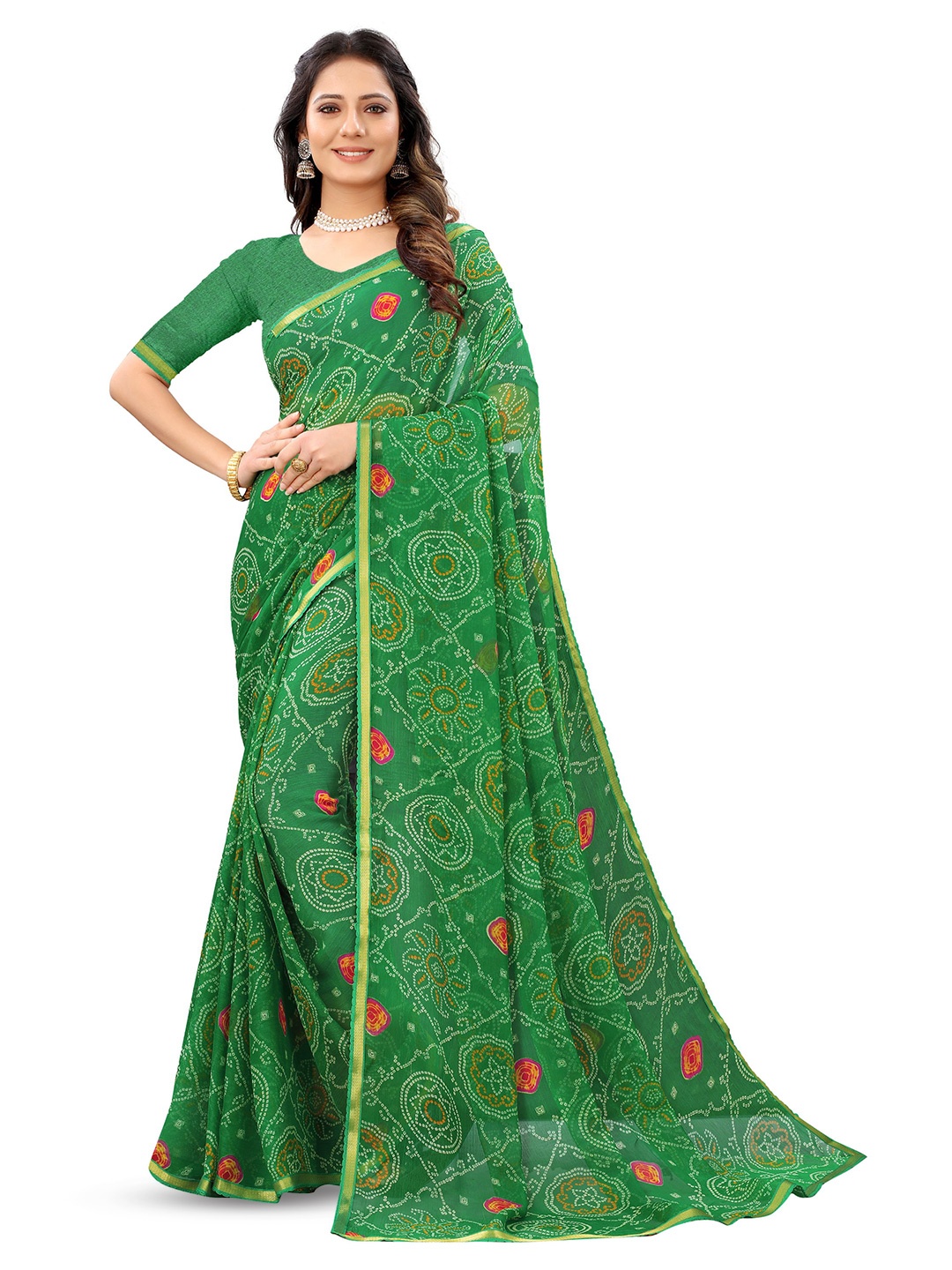 

KALINI Bandhani Zari Pure Chiffon Jamdani Saree, Green