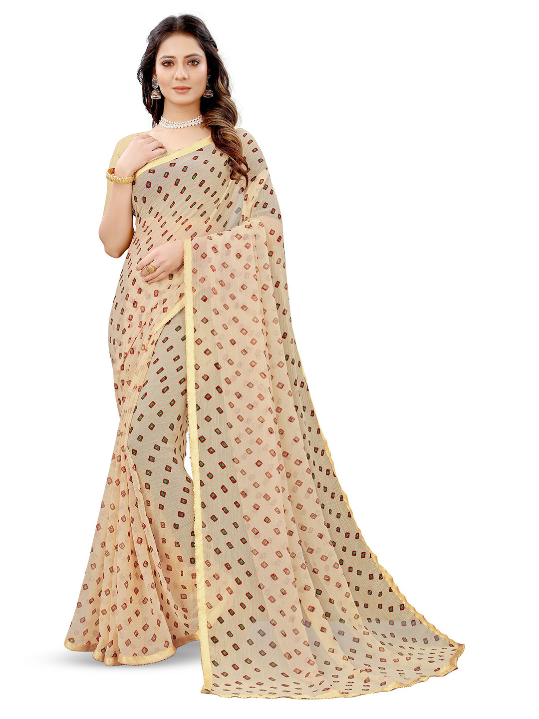 

KALINI Zari Pure Chiffon Handloom Jamdani Saree, Beige