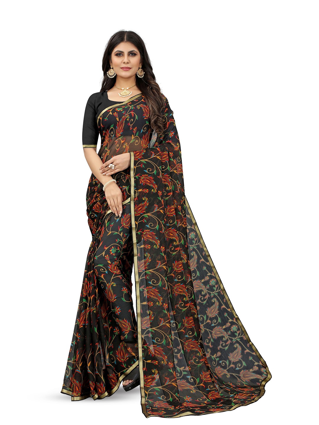 

KALINI Paisley Gotta Patti Pure Chiffon Handloom Jamdani Saree, Black