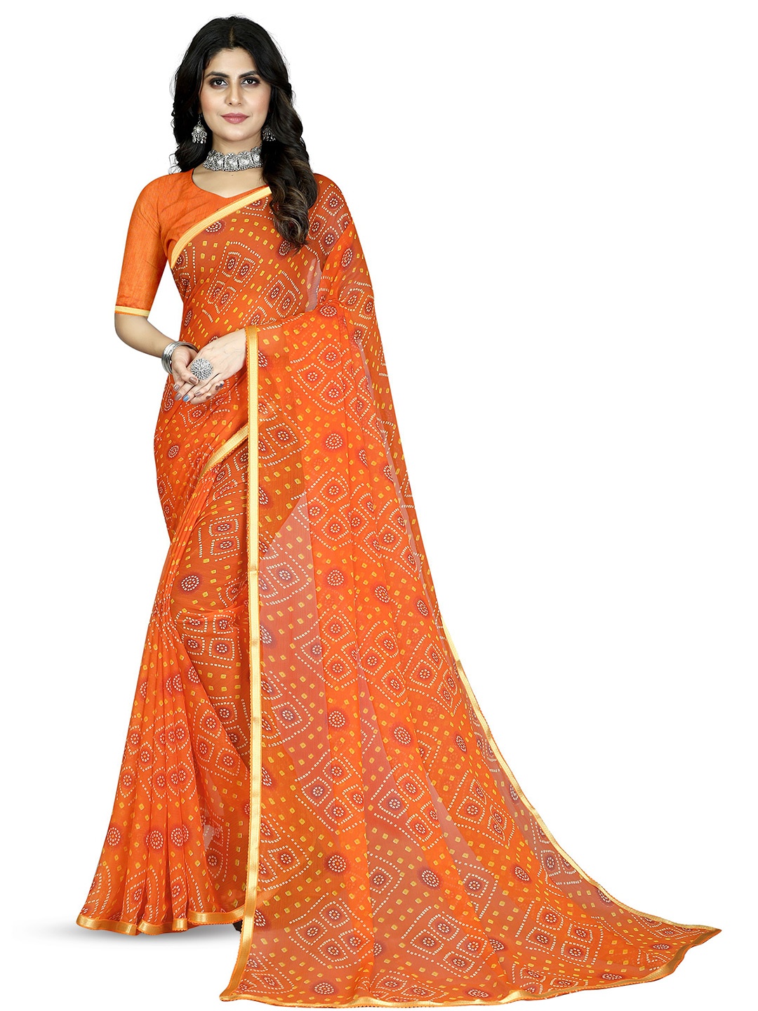 

KALINI Bandhani Pure Chiffon Handloom Jamdani Saree, Orange