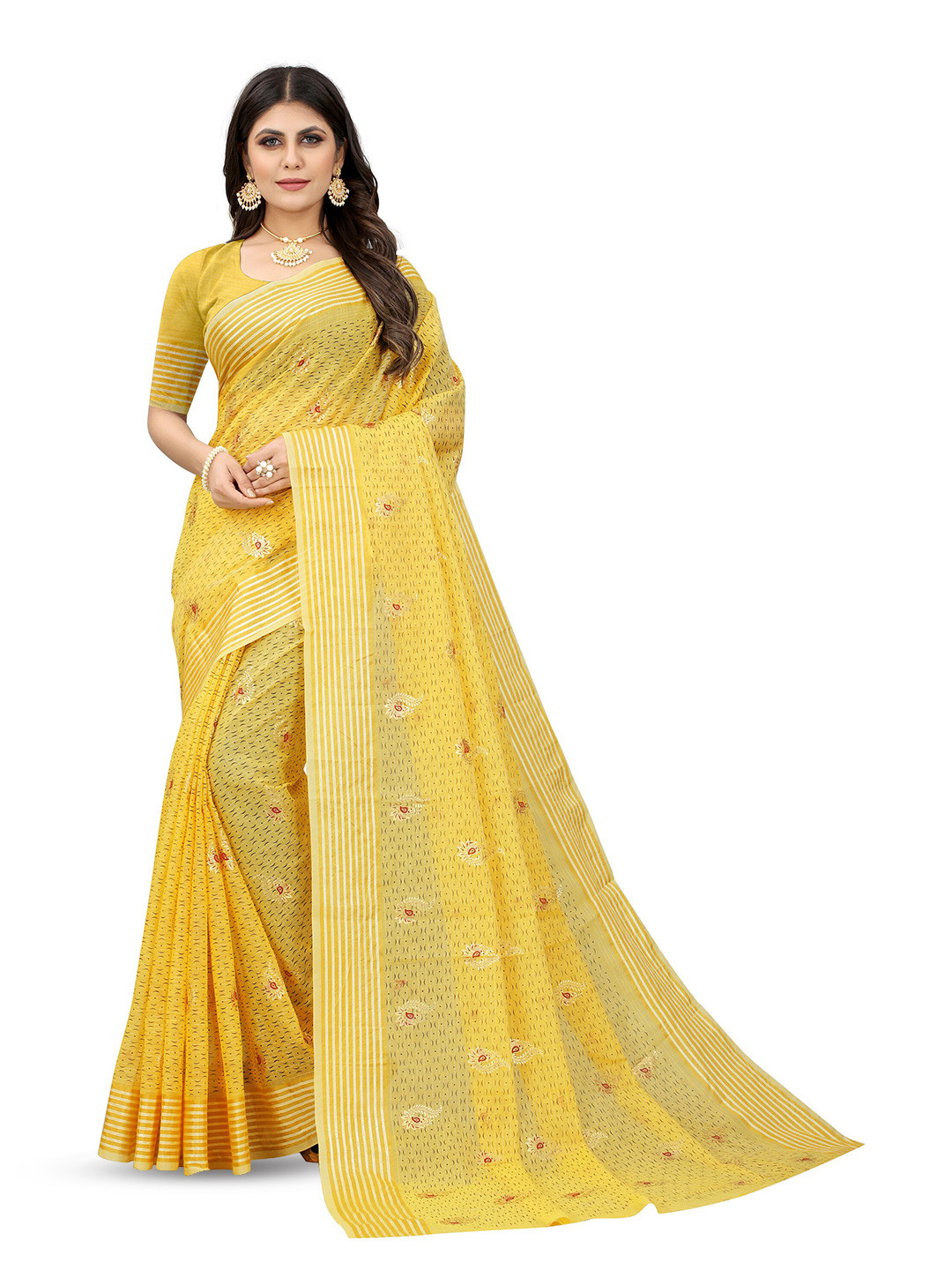 

KALINI Floral Zari Pure Cotton Saree, Yellow
