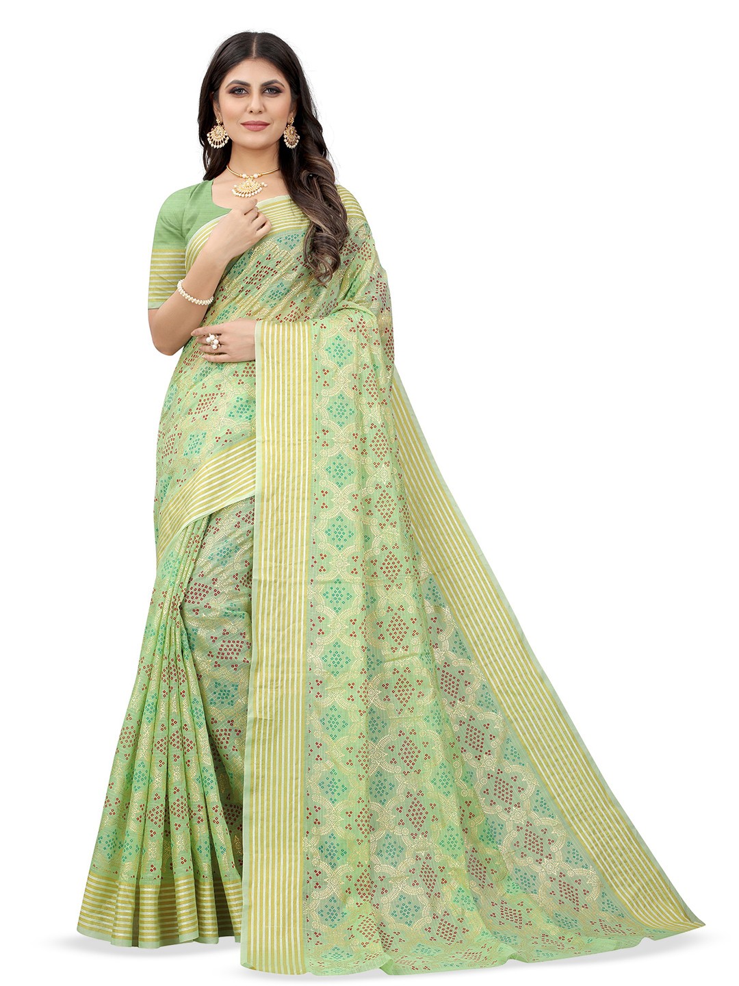 

KALINI Women Bandhani Pure Cotton Banarasi Saree, Green