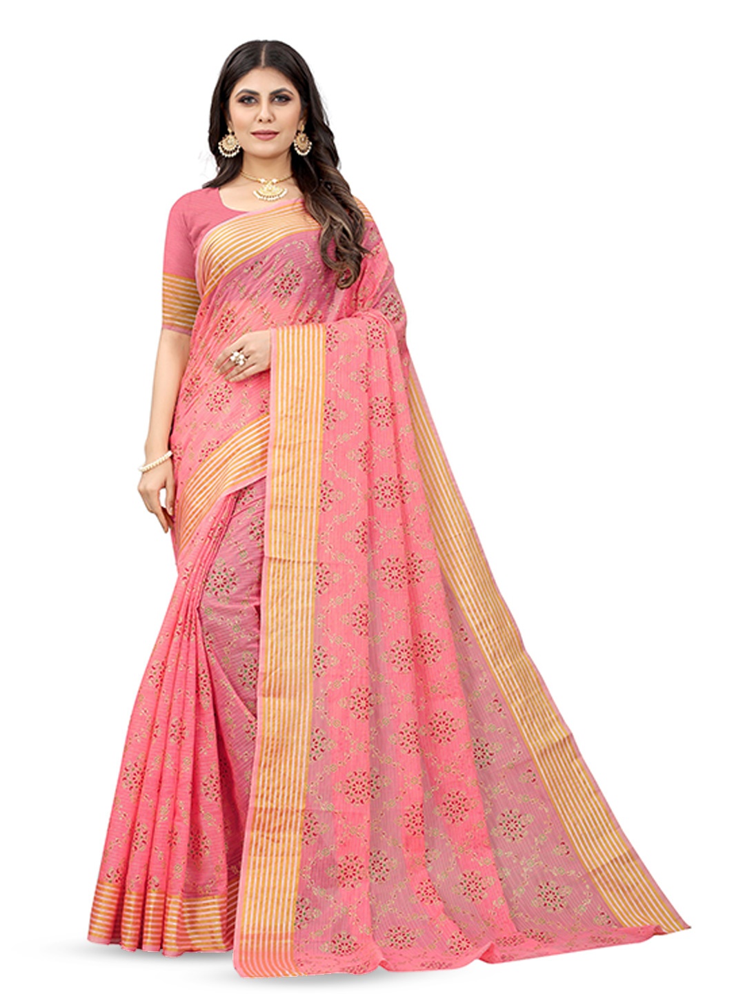 

KALINI Floral Zari Pure Cotton Handloom Banarasi Saree, Pink