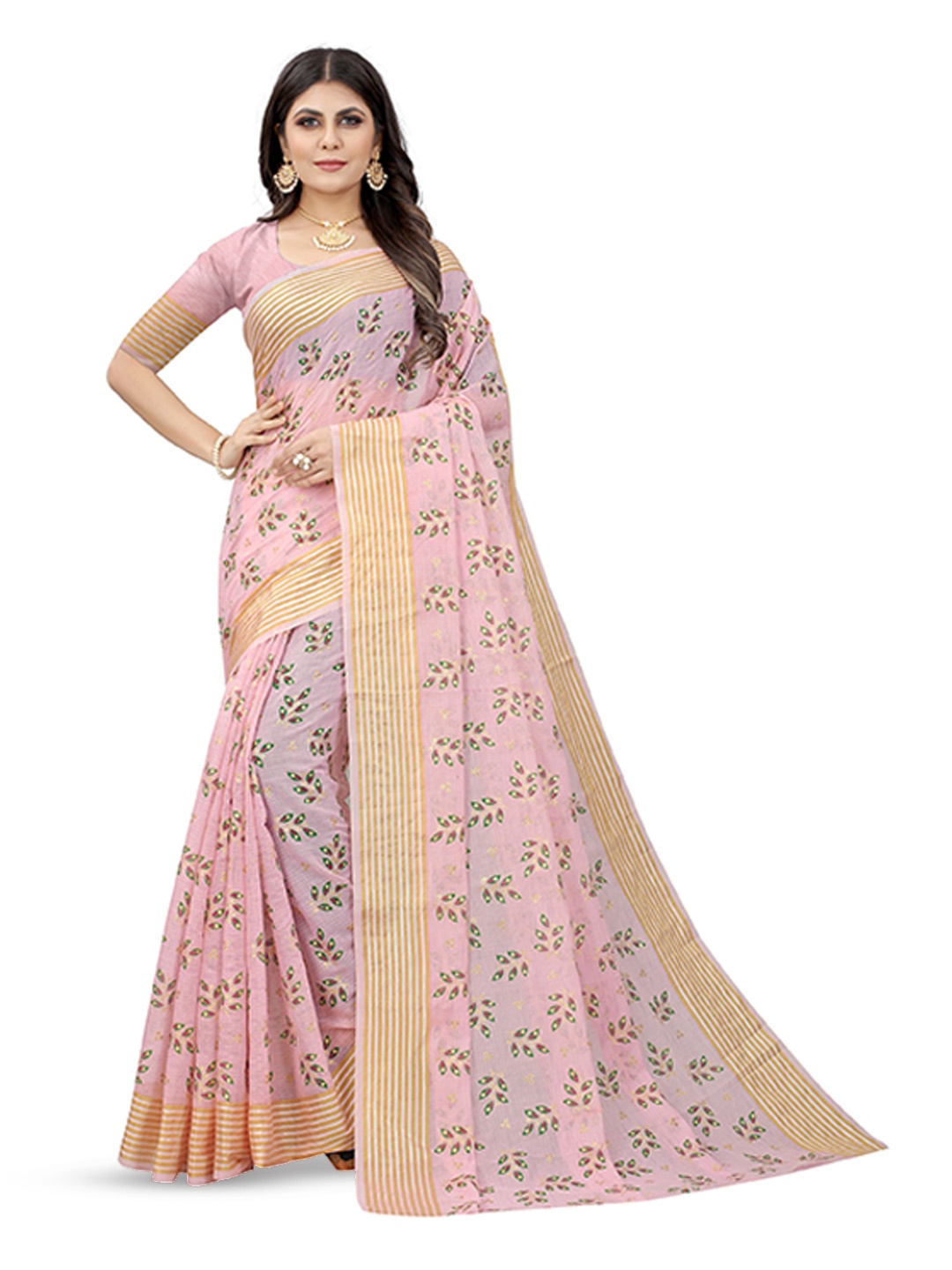 

KALINI Floral Zari Pure Cotton Handloom Banarasi Saree, Pink