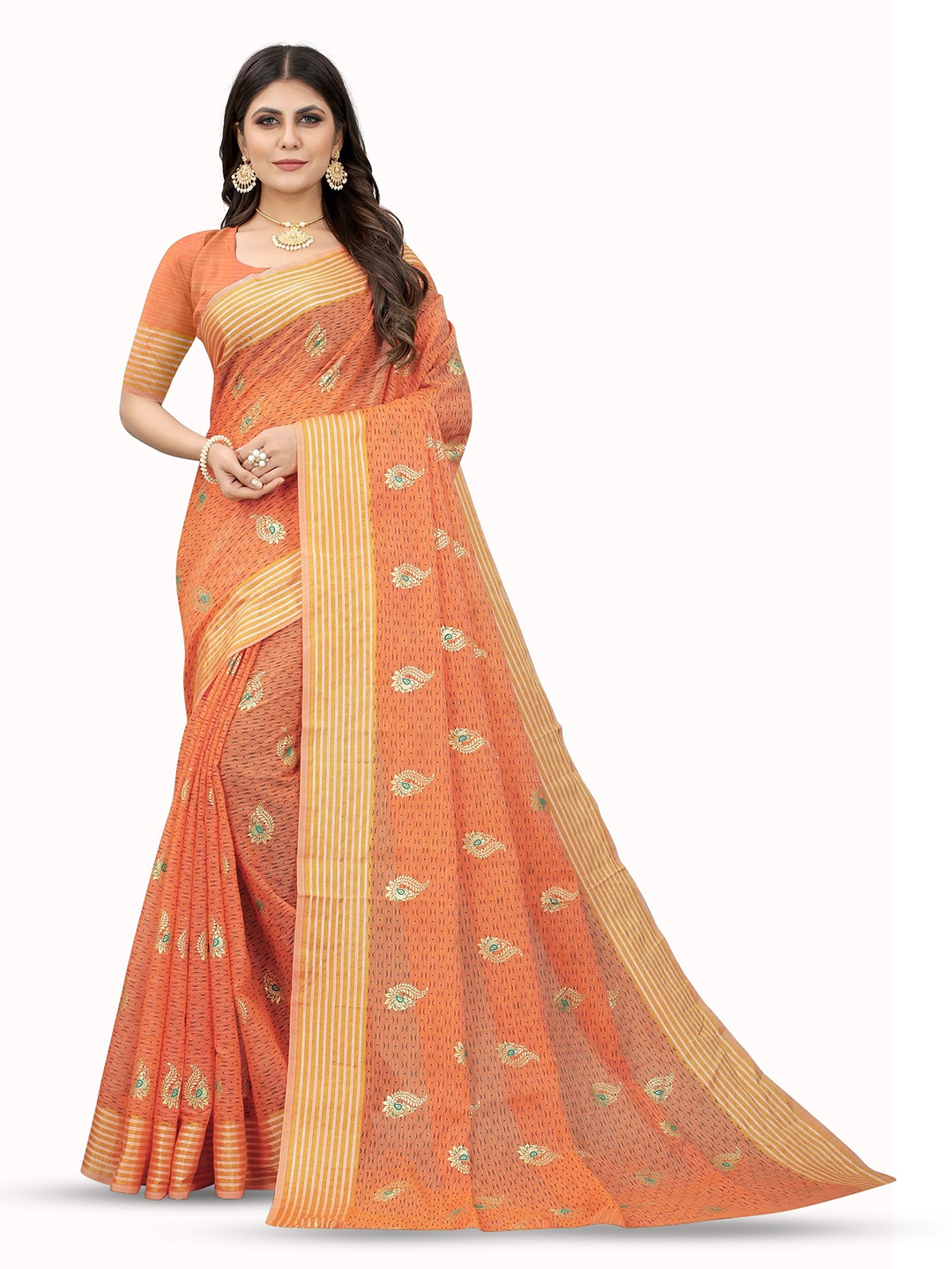 

KALINI Floral Zari Pure Cotton Banarasi Saree, Orange