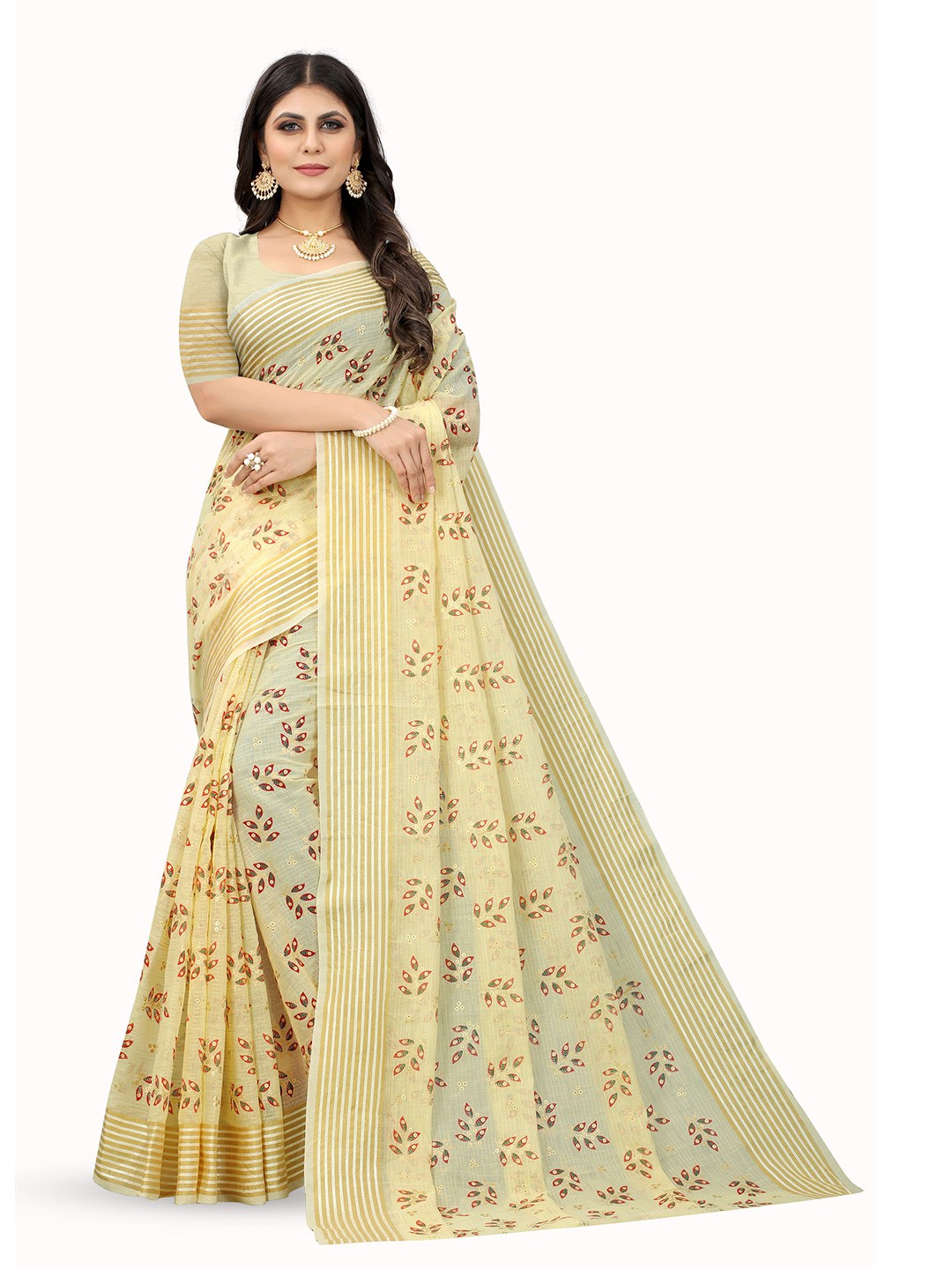

KALINI Floral Zari Pure Cotton Banarasi Saree, Cream