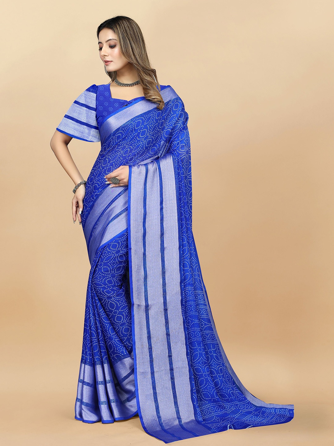 

KALINI Bandhani Zari Pure Chiffon Handloom Banarasi Saree, Blue