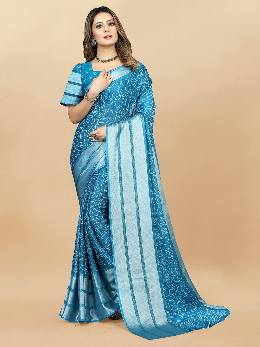 

KALINI Bandhani Zari Pure Chiffon Bandhani Saree, Blue