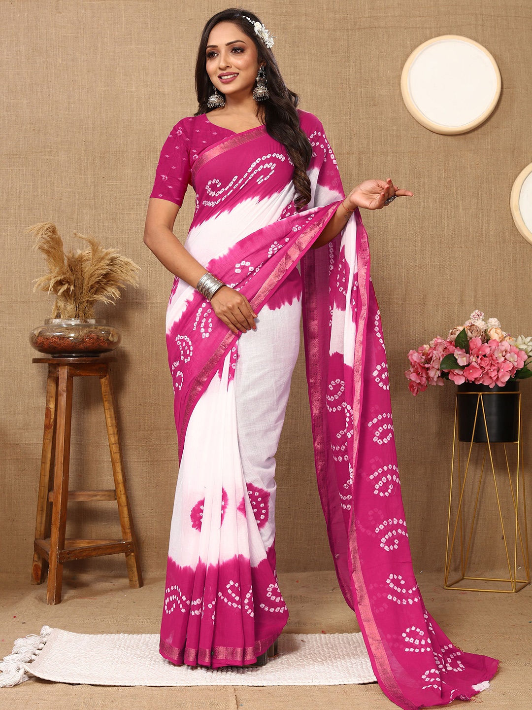 

KALINI Bandhani Zari Pure Cotton Handloom Bandhani Saree, Pink