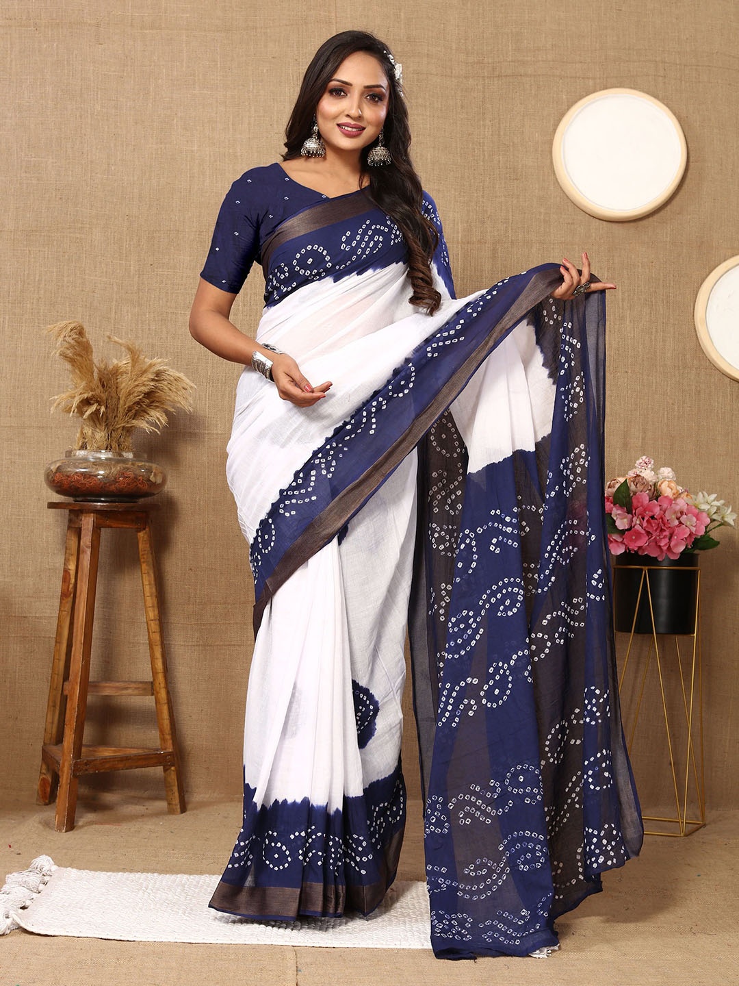 

KALINI Bandhani Zari Pure Cotton Bandhani Saree, Blue