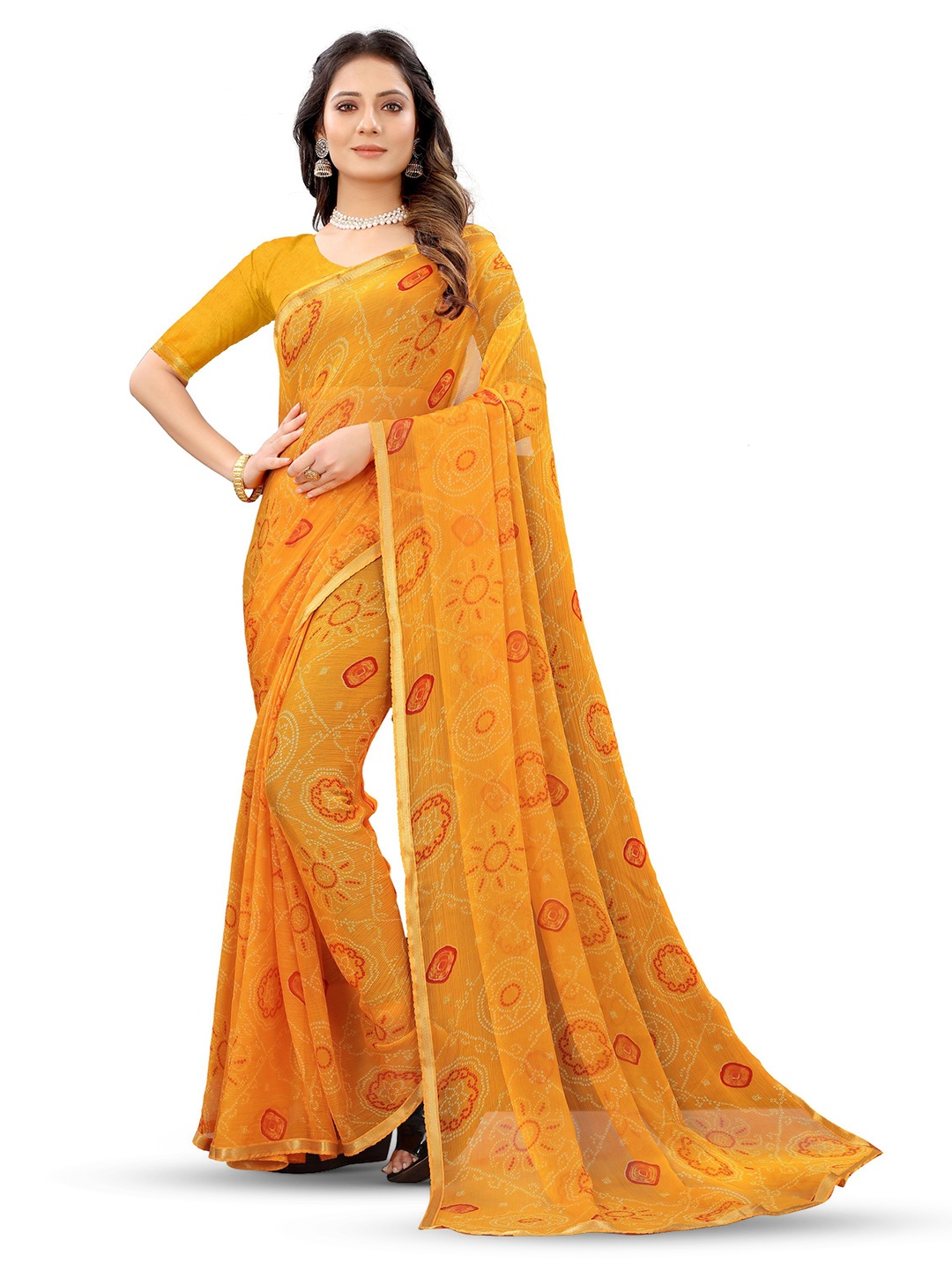 

KALINI Bandhani Pure Chiffon Jamdani Saree, Orange