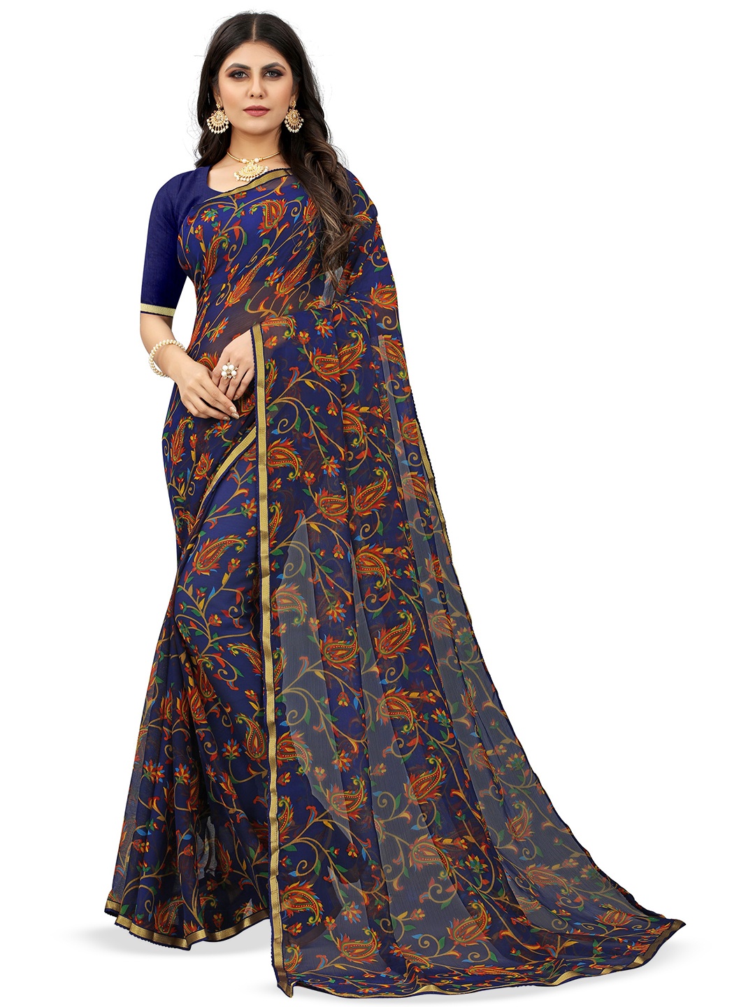 

KALINI Ethnic Motifs Pure Chiffon Saree, Navy blue