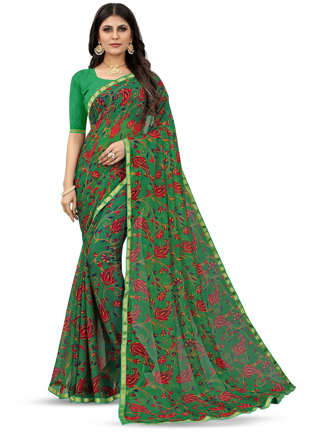 

KALINI Paisley Printed Pure Chiffon Jamdani Saree, Green