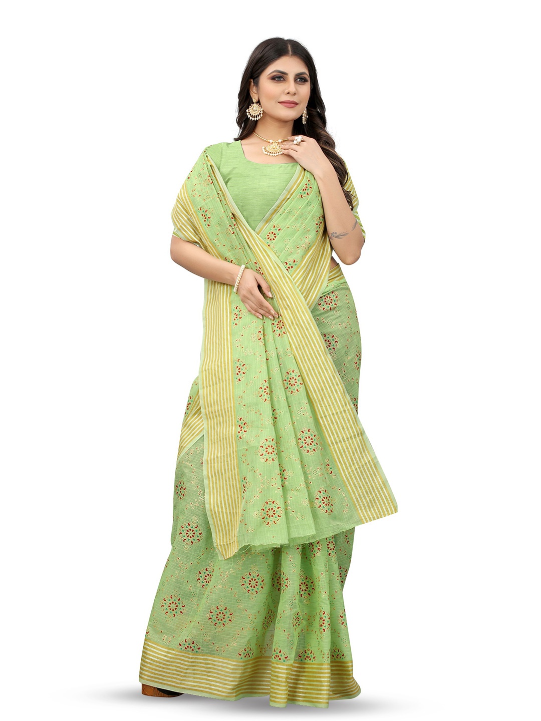 

KALINI Ethnic Motifs Zari Pure Cotton Handloom Banarasi Saree, Green