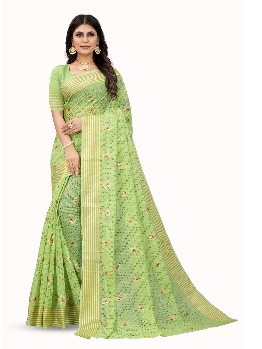 

KALINI Floral Zari Pure Cotton Banarasi Saree, Green