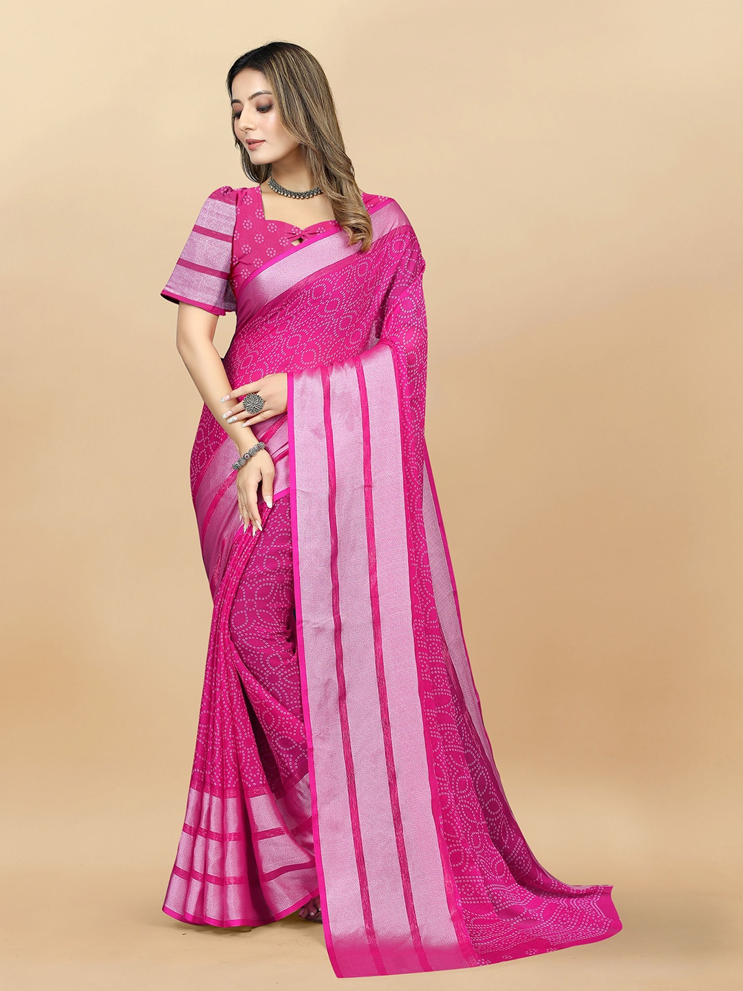 

KALINI Bandhani Pure Chiffon Banarasi Saree, Pink