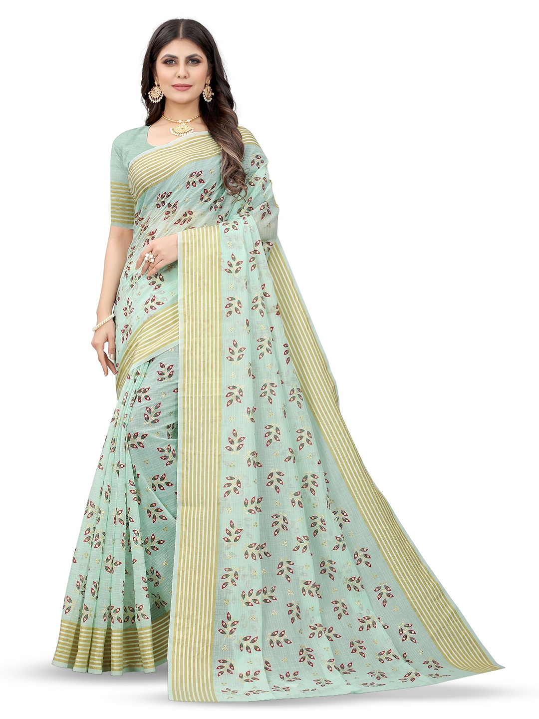 

KALINI Floral Zari Pure Cotton Banarasi Saree, Green