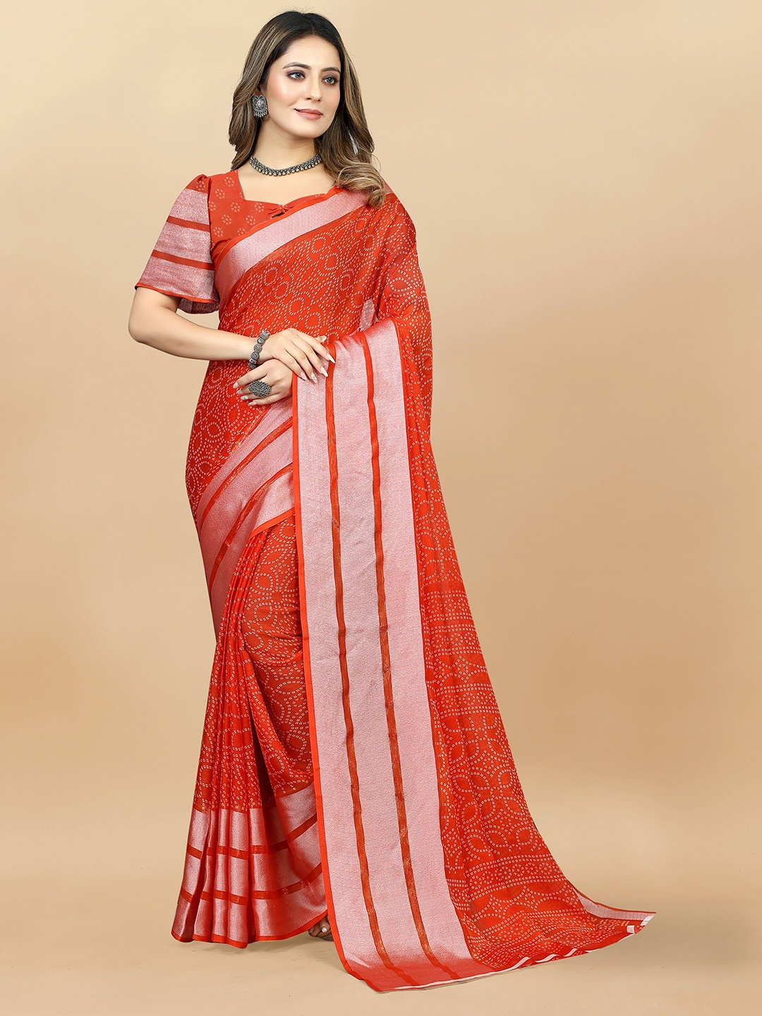 

KALINI Bandhani Zari Pure Chiffon Banarasi Saree, Red