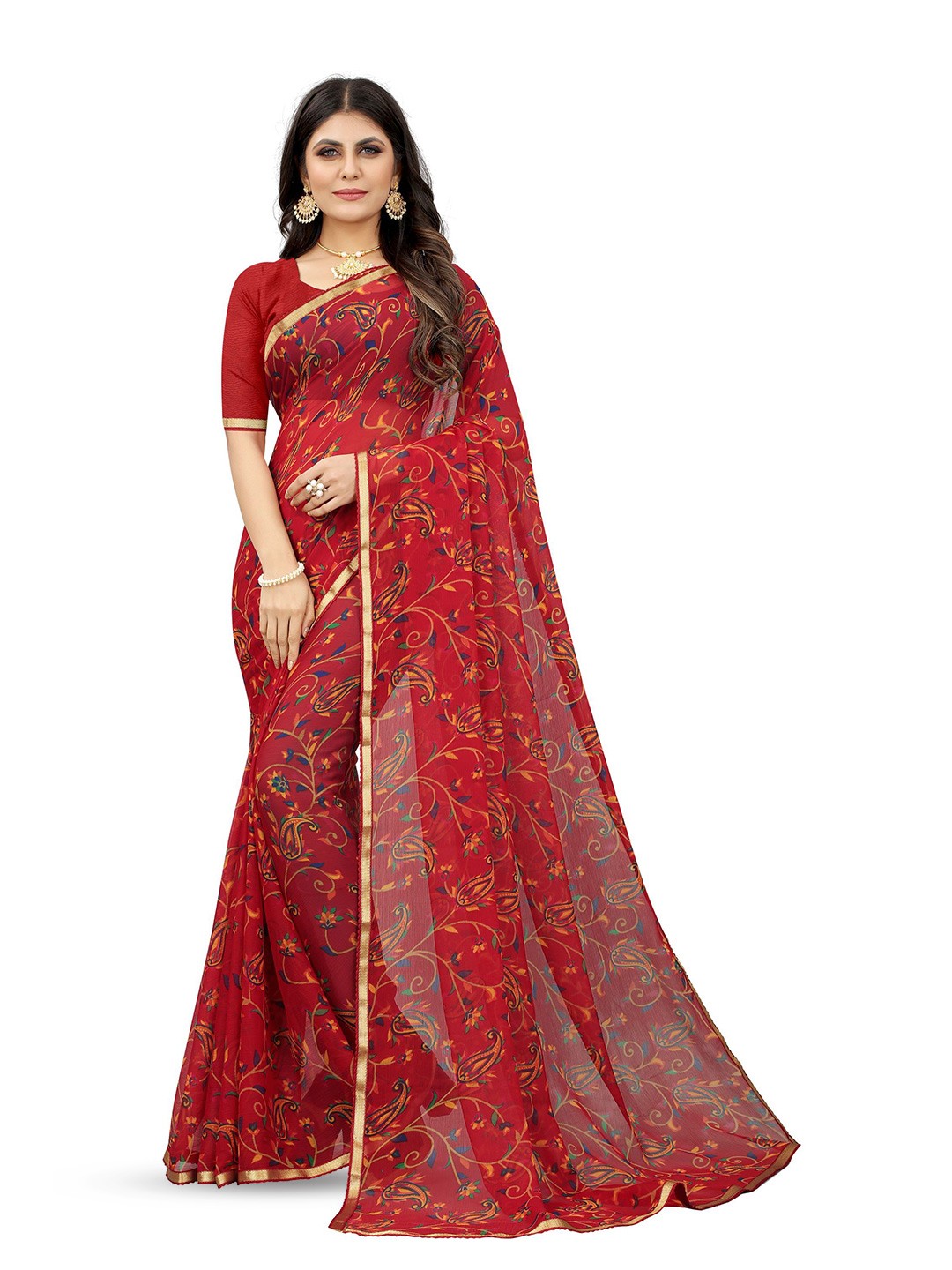 

KALINI Floral Zari Pure Chiffon Saree, Orange