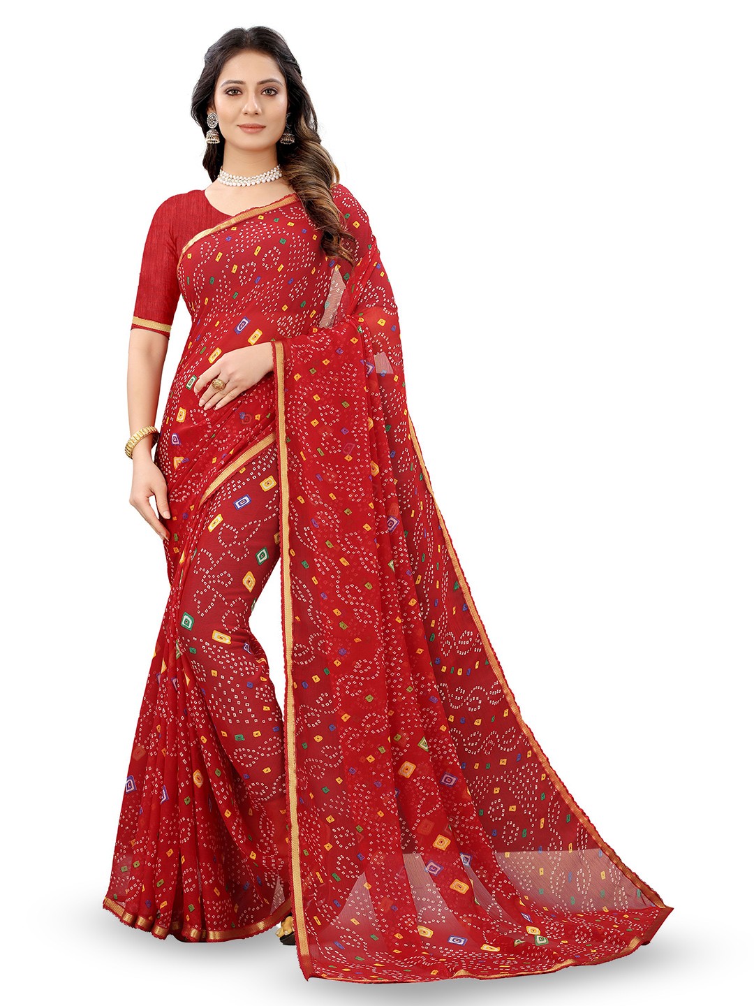

KALINI Bandhani Zari Pure Chiffon Bandhani Saree, Red