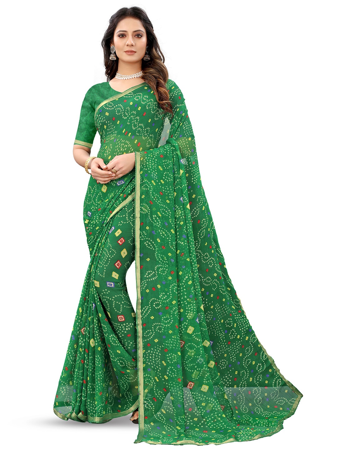 

KALINI Bandhani Zari Pure Chiffon Saree, Green