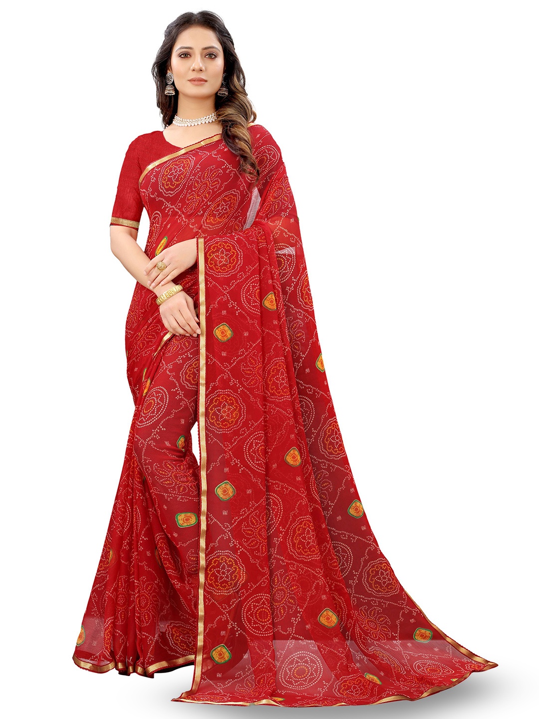 

KALINI Bandhani Pure Chiffon Jamdani Saree, Red