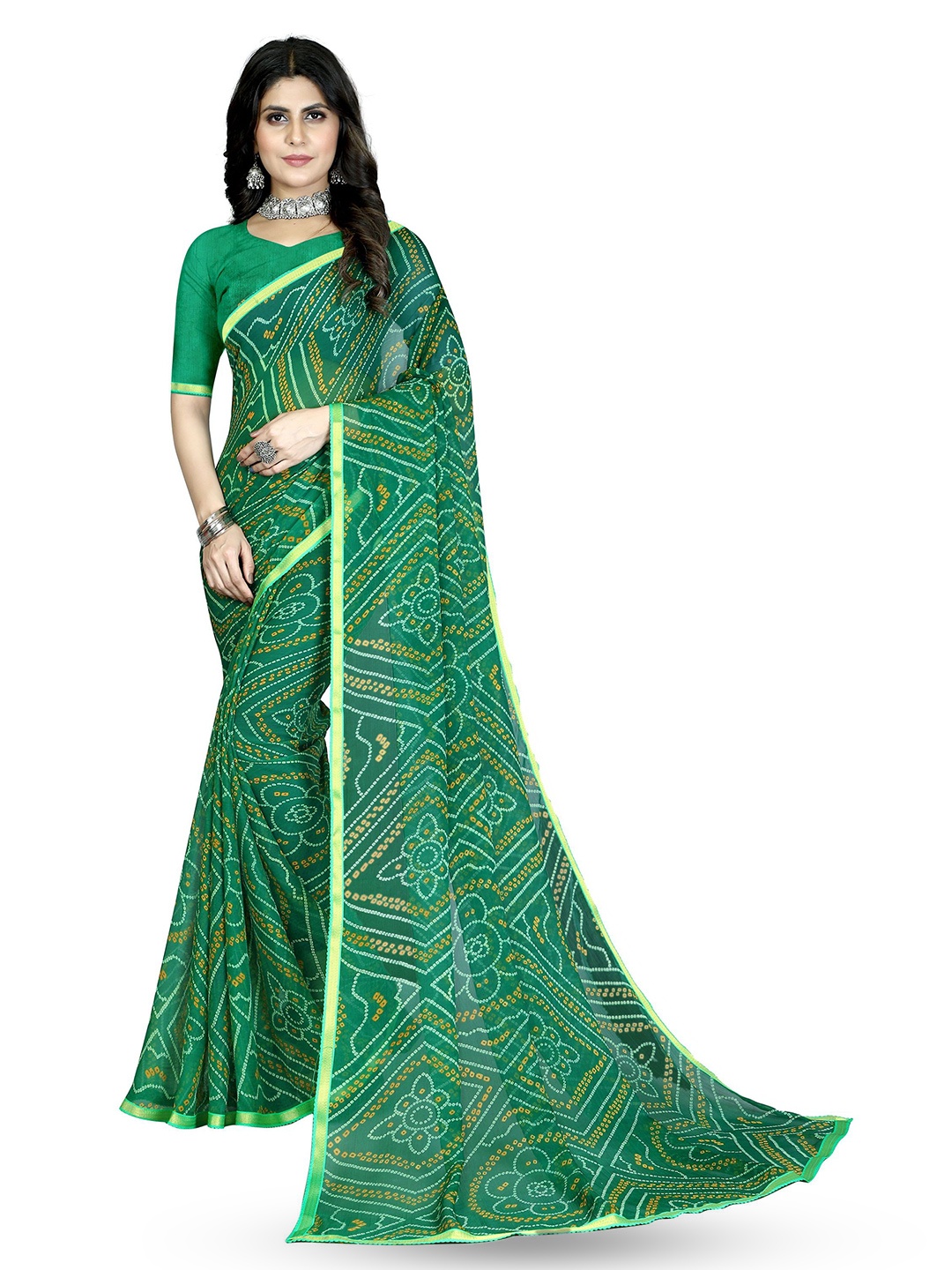 

KALINI Bandhani Zari Pure Chiffon Bandhani Saree, Green