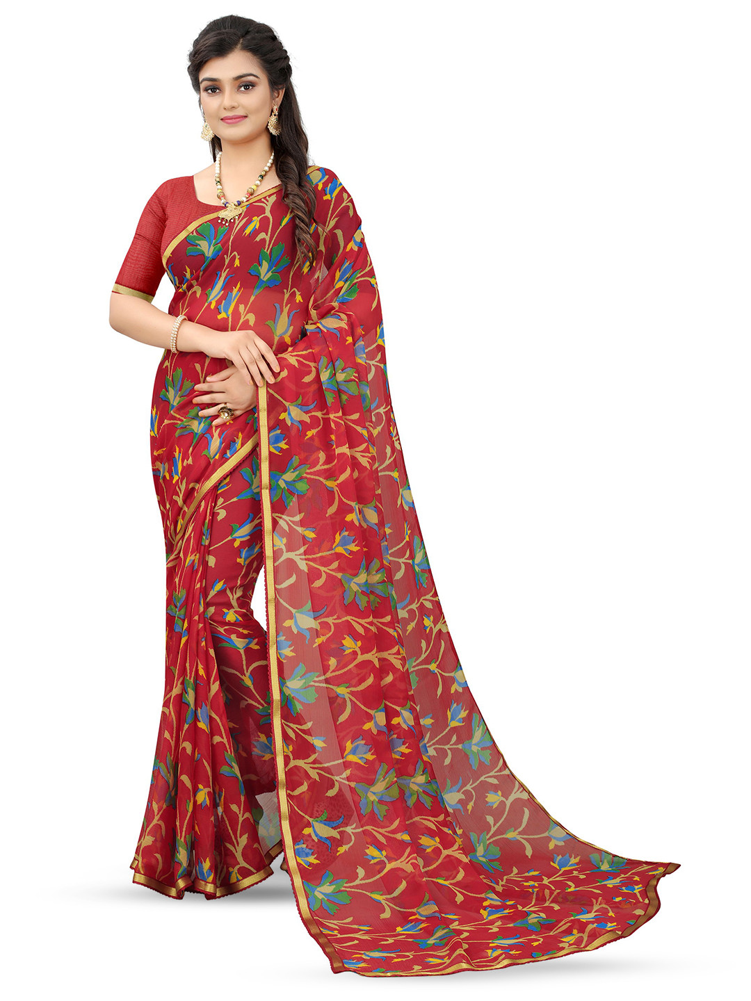 

KALINI Ethnic Motifs Pure Chiffon Handloom Saree, Red