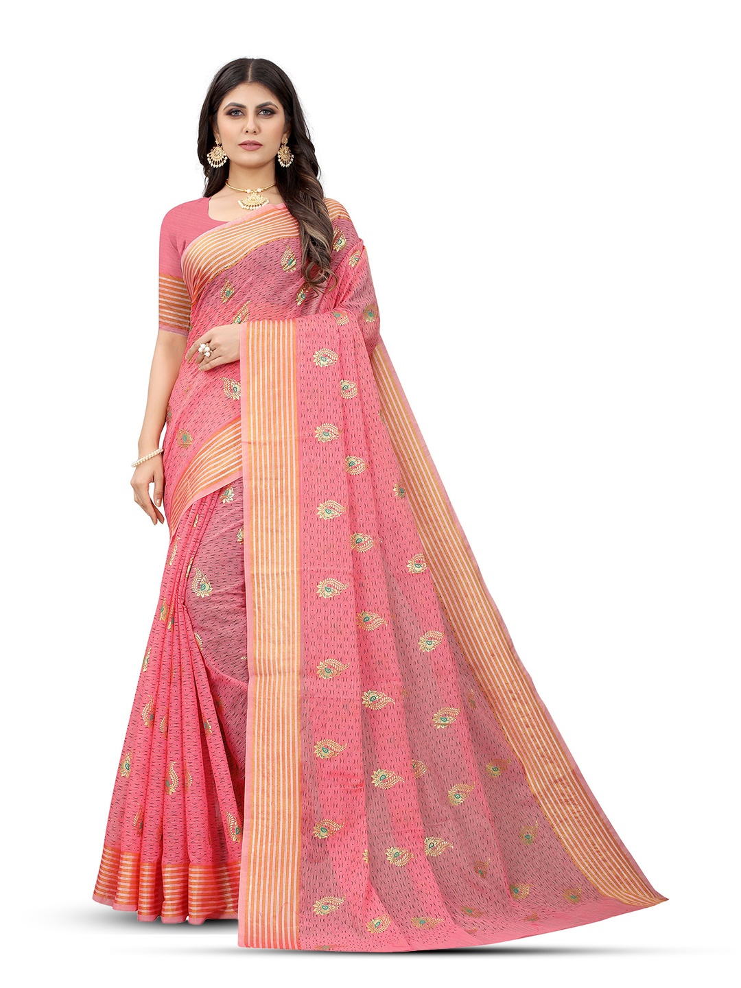 

KALINI Ethnic Motifs Zari Pure Cotton Banarasi Saree, Pink