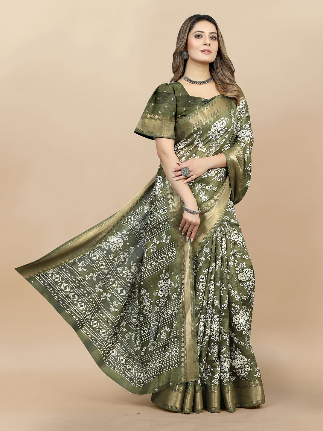 

KALINI Zari Floral Printed Cotton Blend Saree, Green