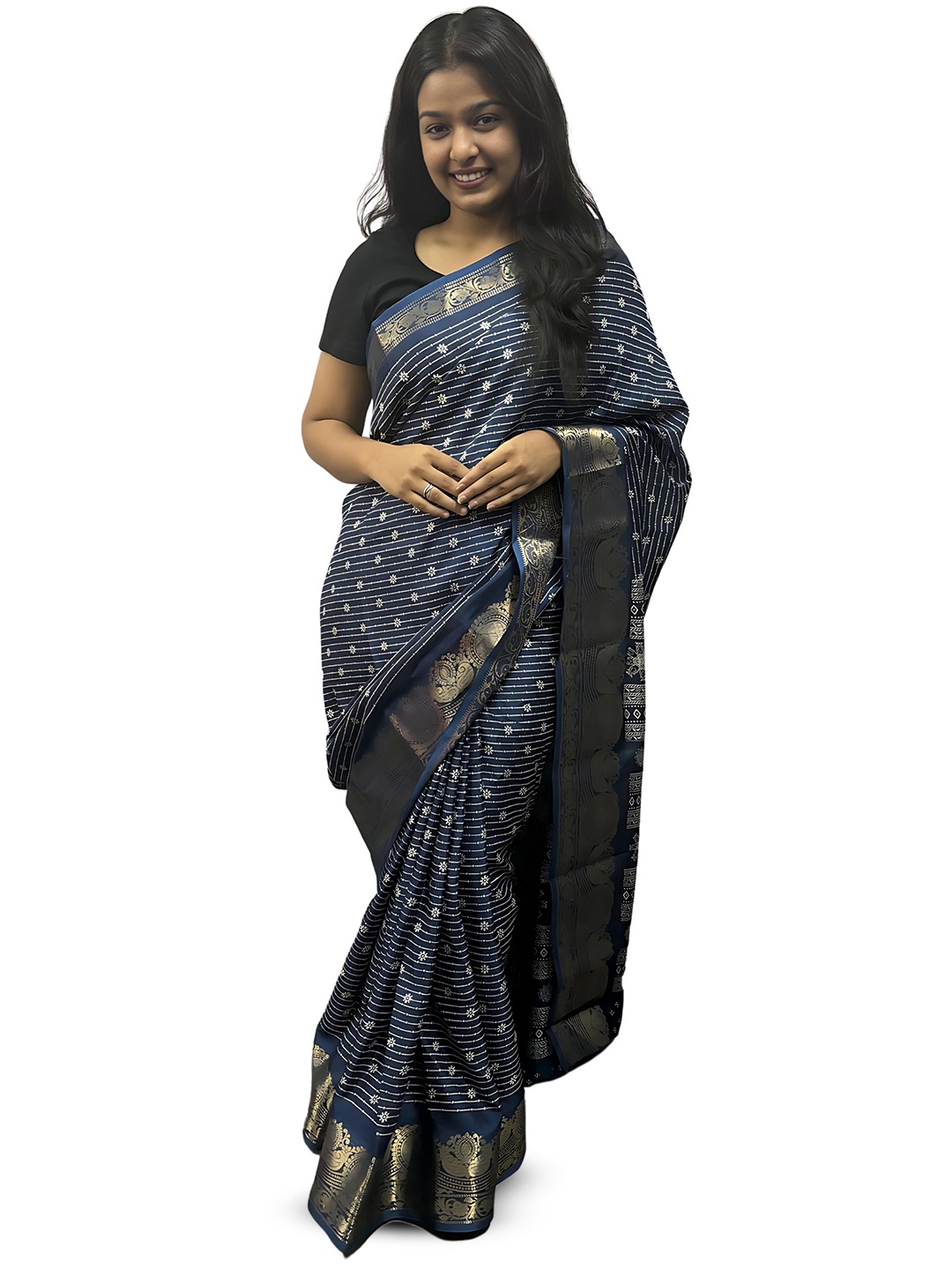 

Sanwariya Silk Floral Zari Chanderi Saree, Navy blue