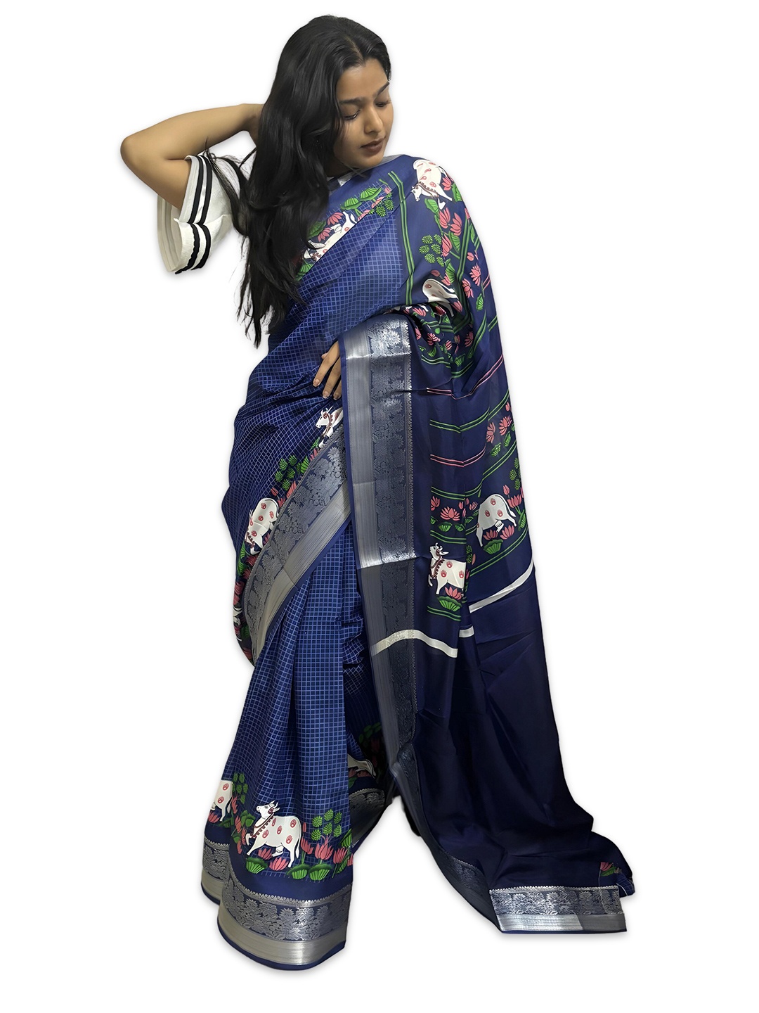 

Sanwariya Silk Floral Zari Chanderi Saree, Navy blue