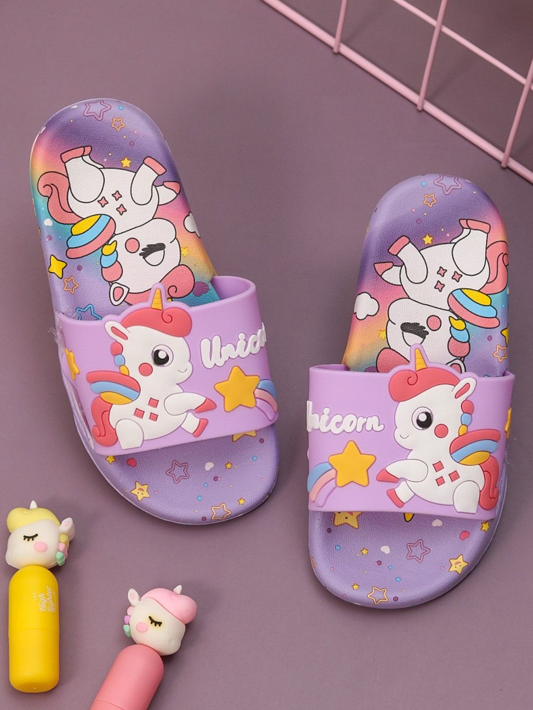 

Yellow Bee Girls Printed Sliders, Purple
