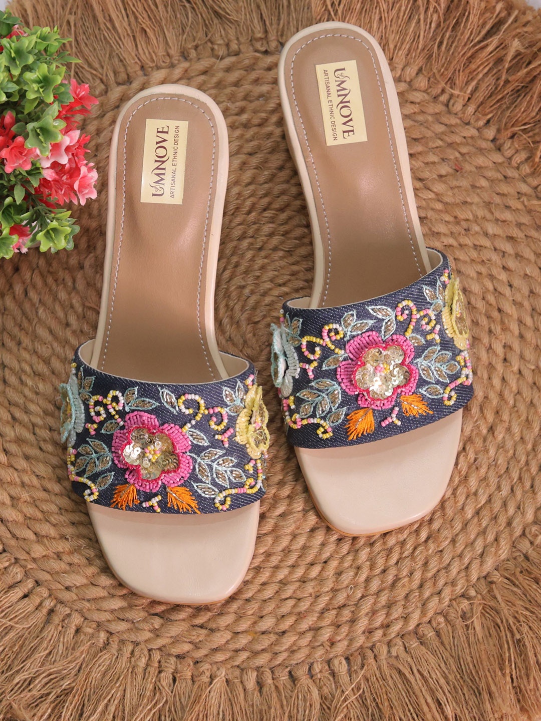 

UMNOVE Women Ethnic Embroidered Block Heels Sandals, Blue