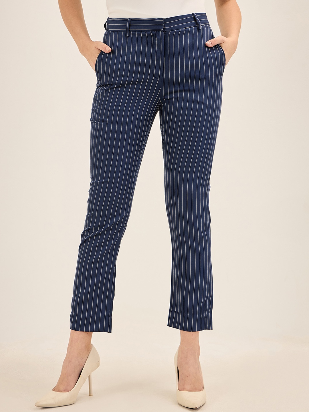 

SALT ATTIRE Women Striped Slim Fit High-Rise Trousers, Blue