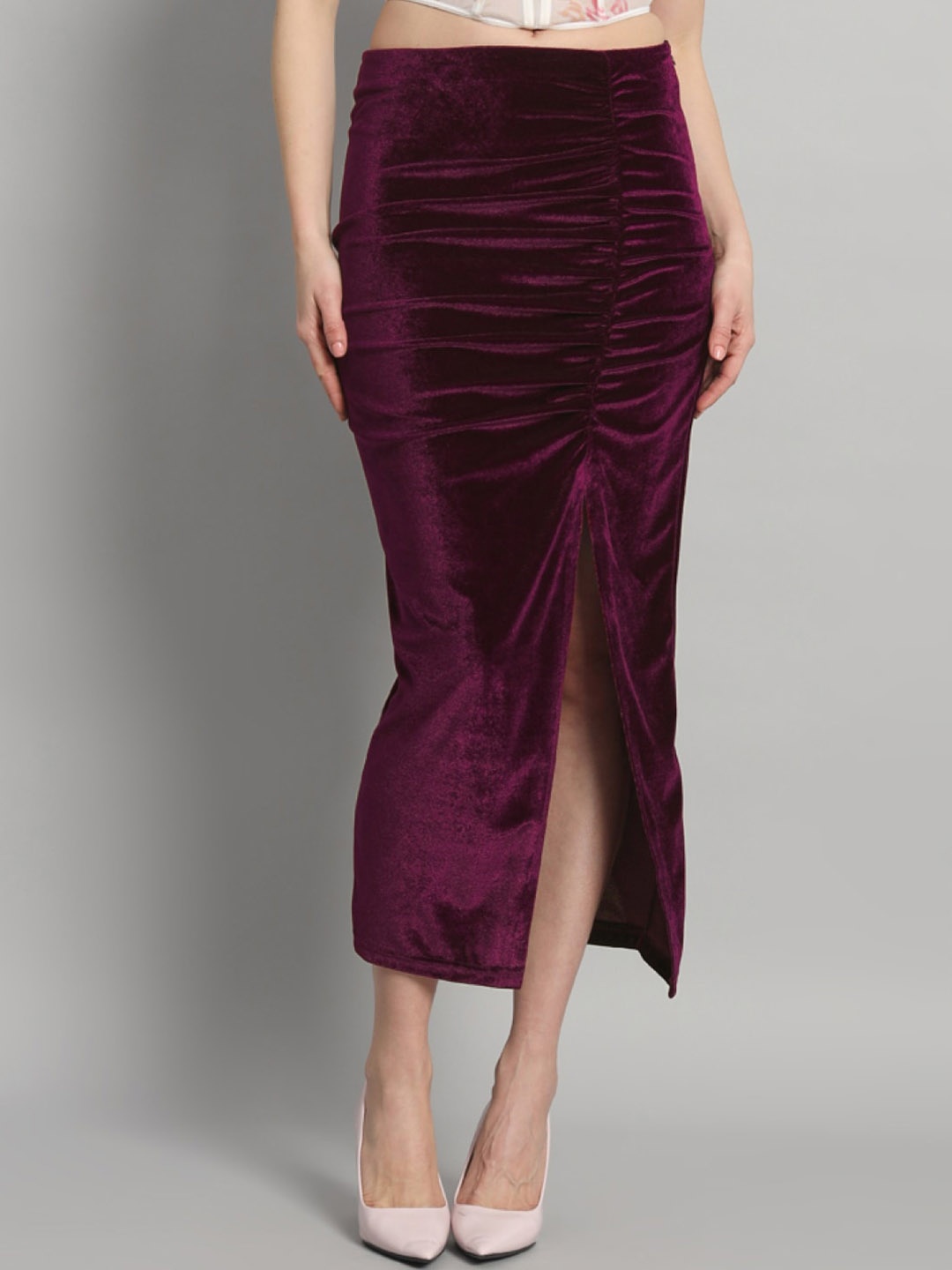 

VAARARO Women Velvet Ruched Pencil Midi Skirt, Burgundy