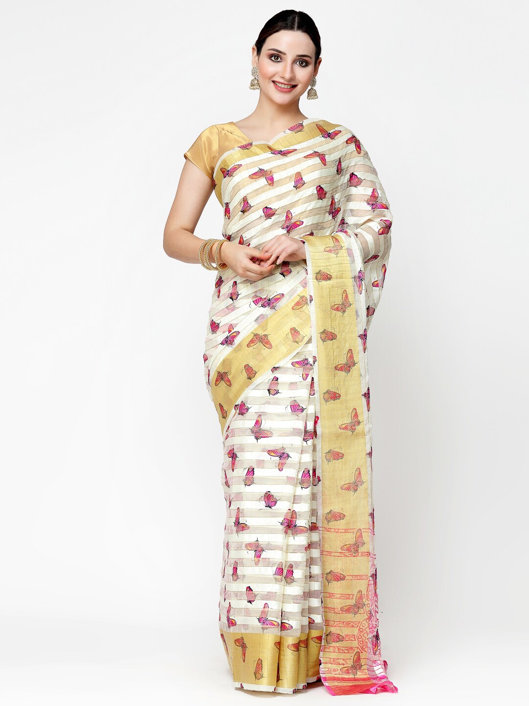 

ISHQY Floral Zari Silk Cotton Saree, White