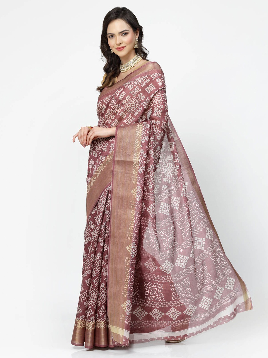 

ISHQY Floral Zari Silk Cotton Saree, Brown