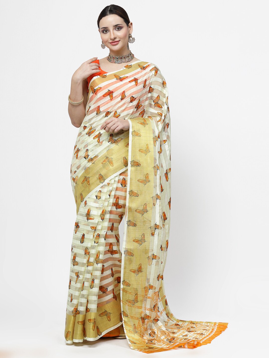 

ISHQY Floral Silk Cotton Saree, Orange