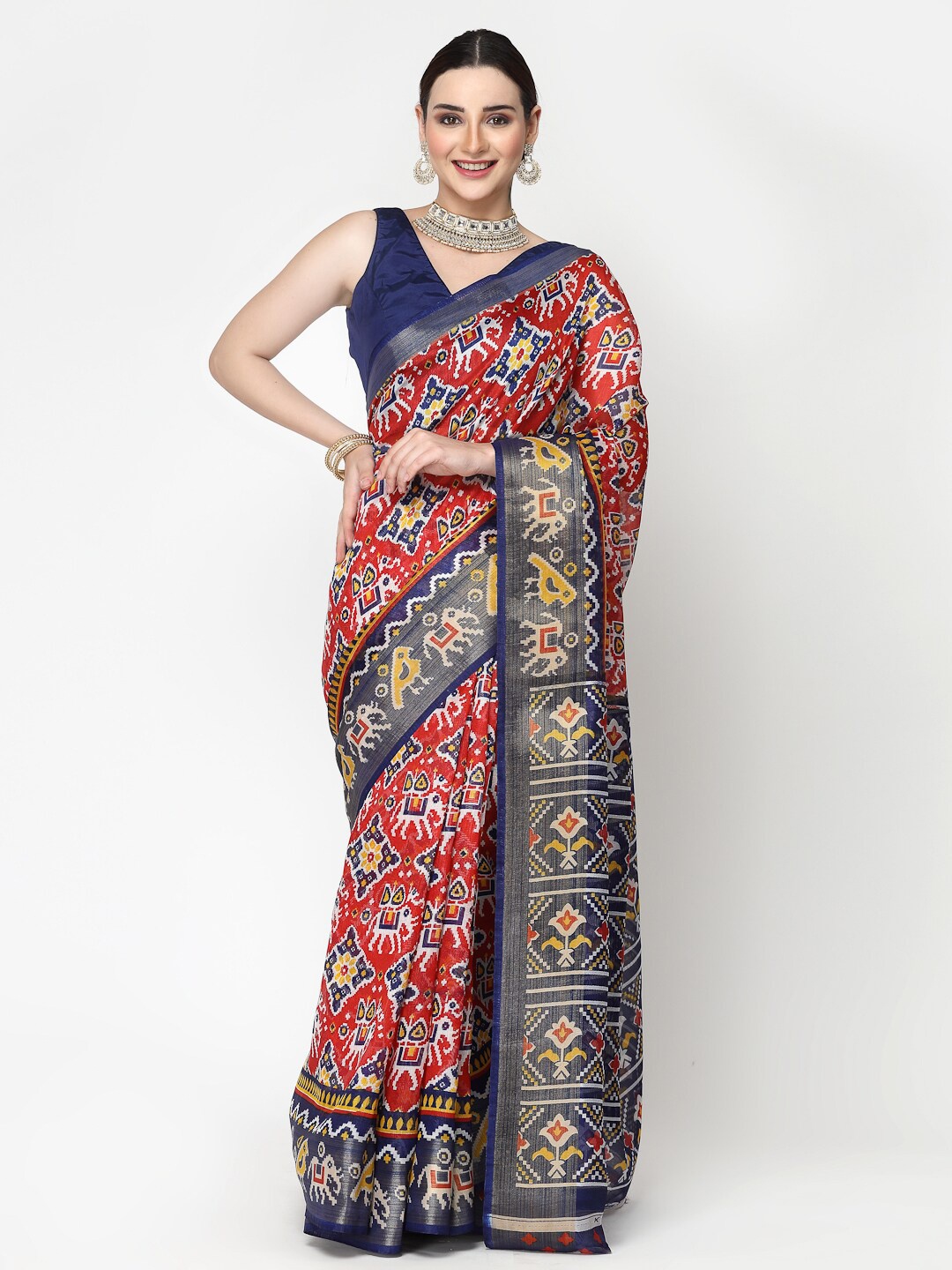 

ISHQY Floral Zari Silk Cotton Saree, Red