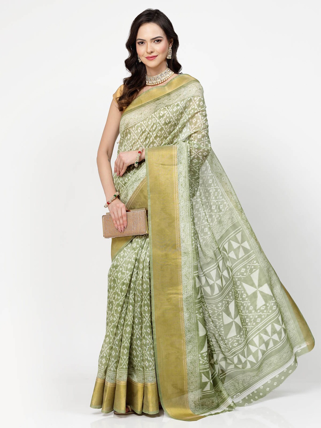 

ISHQY Ethnic Motifs Zari Silk Cotton Saree, Green