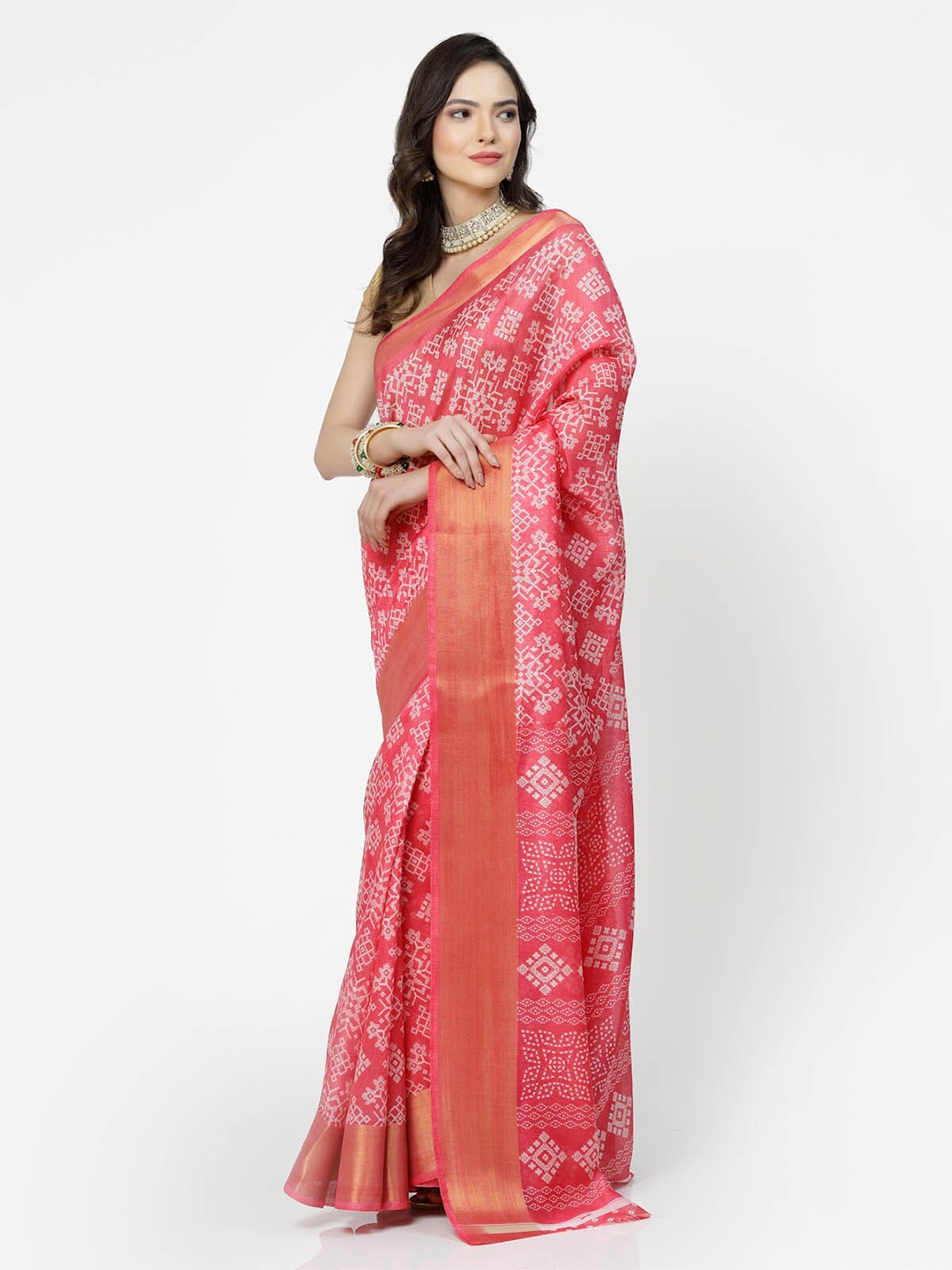

ISHQY Ethnic Motifs Zari Silk Cotton Saree, Pink